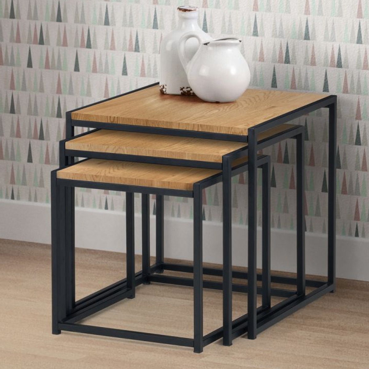 Tribeca Black Metal Frame 3 Nest Of Tables - Oak