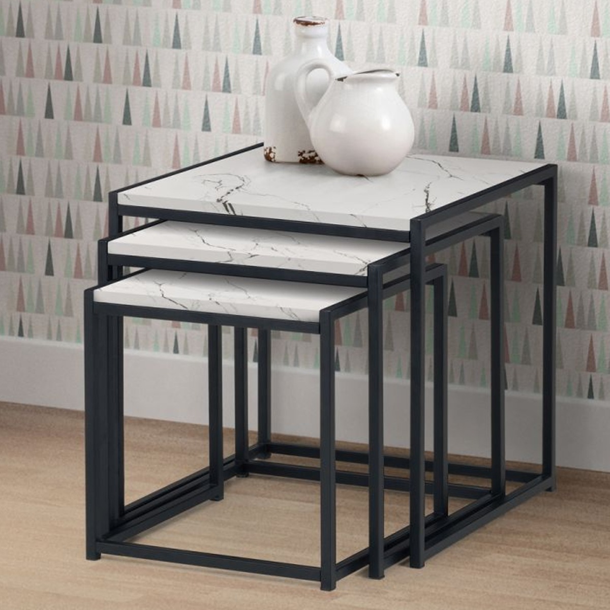 Tribeca Black Metal Frame 3 Nest Of Tables - White Marble
