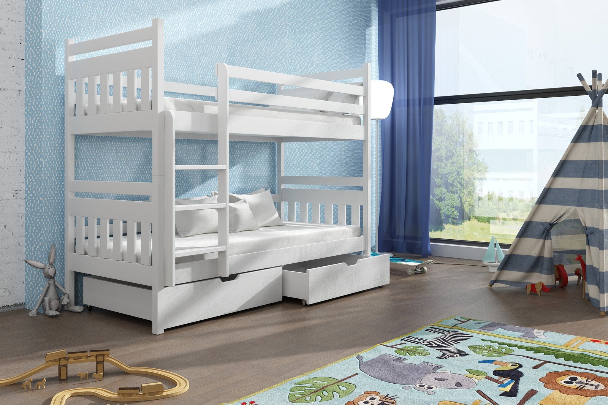 Zeus Wooden Kids Bunk Bed with Drawers Storage - White
