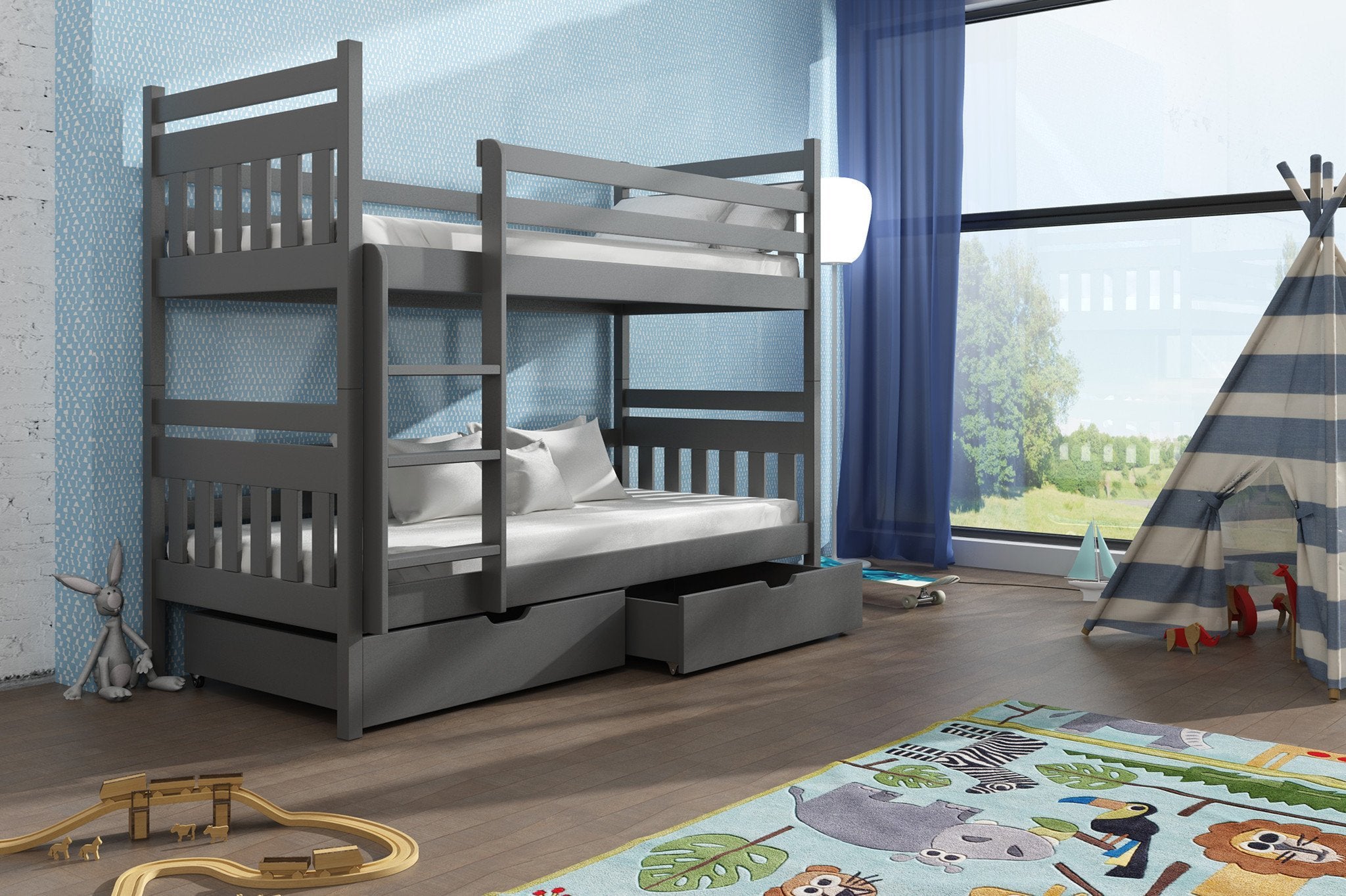 Zeus Wooden Kids Bunk Bed with Drawers Storage and Foam Mattress - Graphite