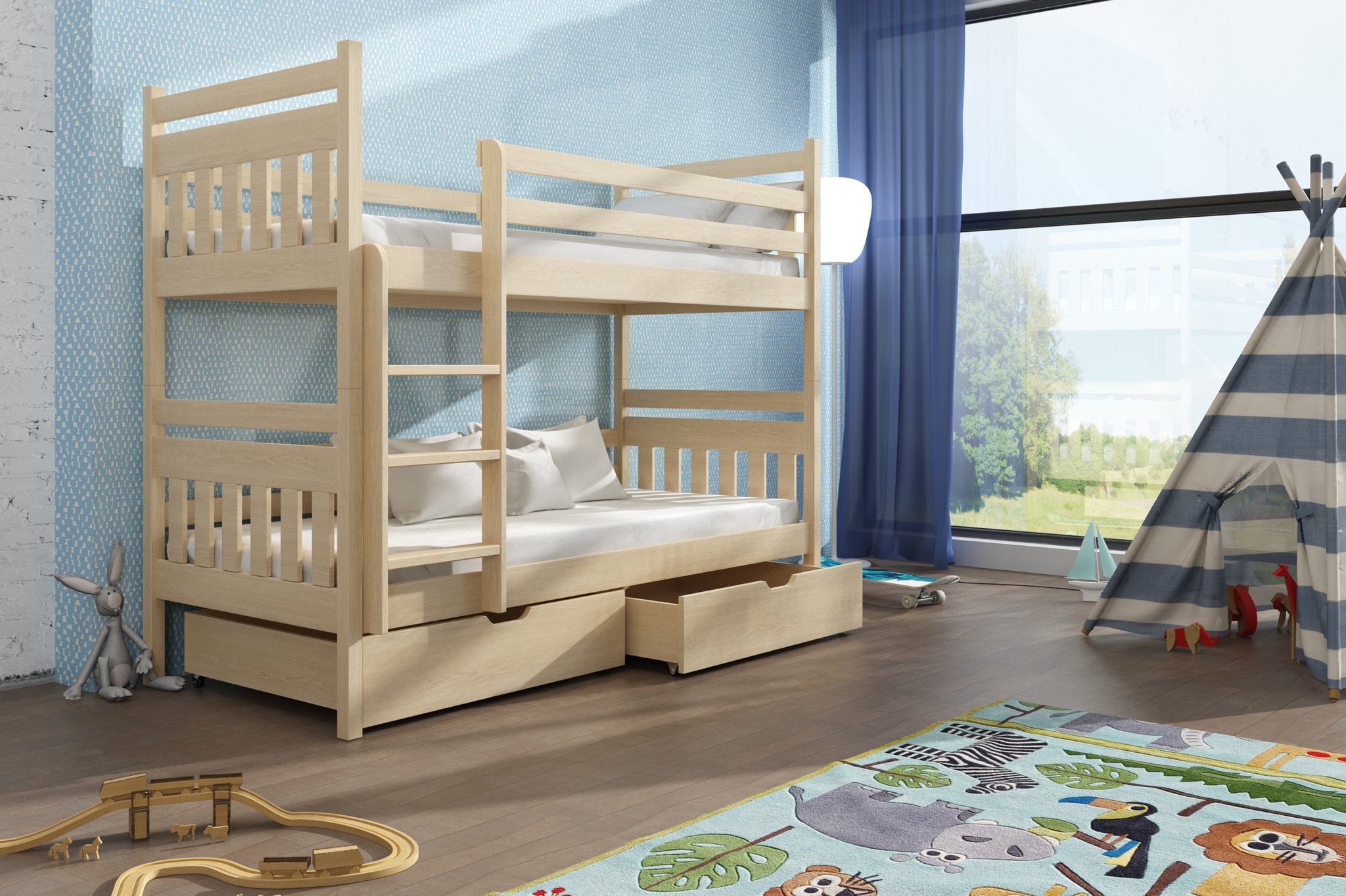 Zeus Wooden Kids Bunk Bed with Drawers Storage and Foam Mattress - Pine