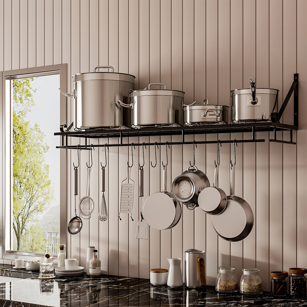 Wall Mounted Kitchen Metal Shelves Hanging Pot Rack with 10 Hooks 90X24CM