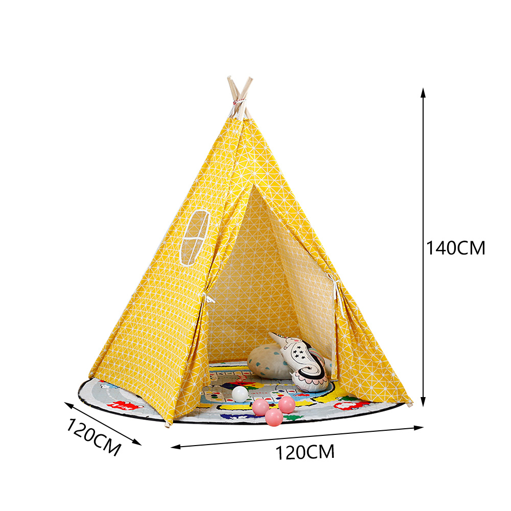 Indoor Kids Play Tent Yellow Grid Teepee Tent Fabric Spire Play House
