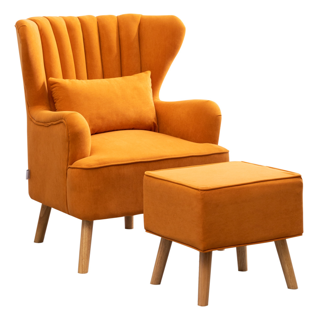 Orange 48cm W Occasion Frosted Velvet Wingback Armchair And Footstool
