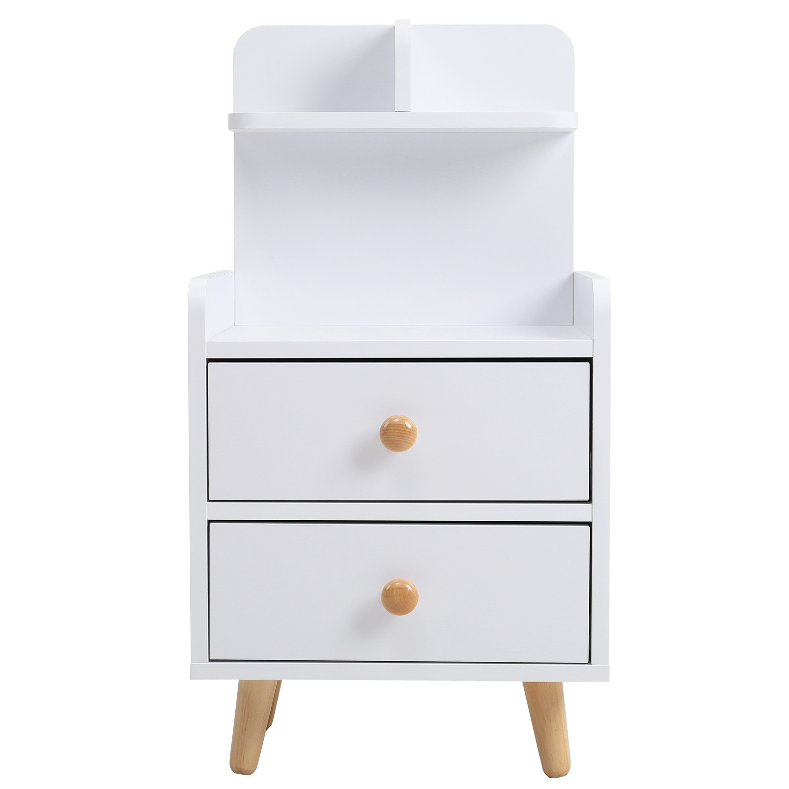 Wooden 2-Drawer Bedside Table Nightstand with a Shelf and Wooden Legs, White