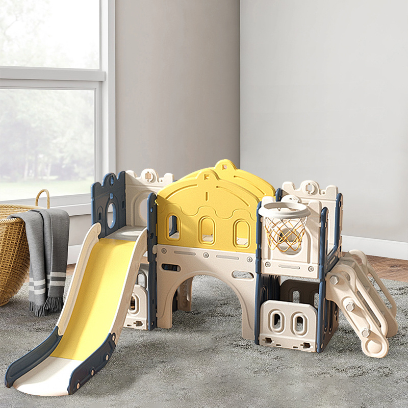 Blue and Yellow Kids Playset with Slide Basket Hoop Indoor Toddler Playground