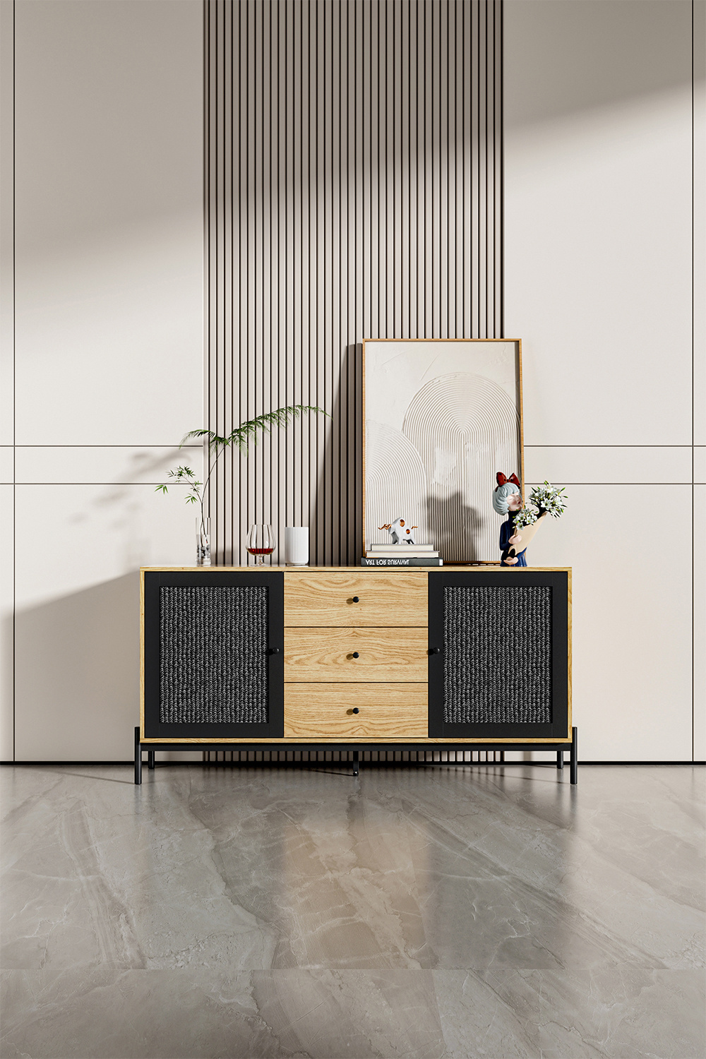 Storage Cabinet with 2 Cupboard Doors and 3 Drawers