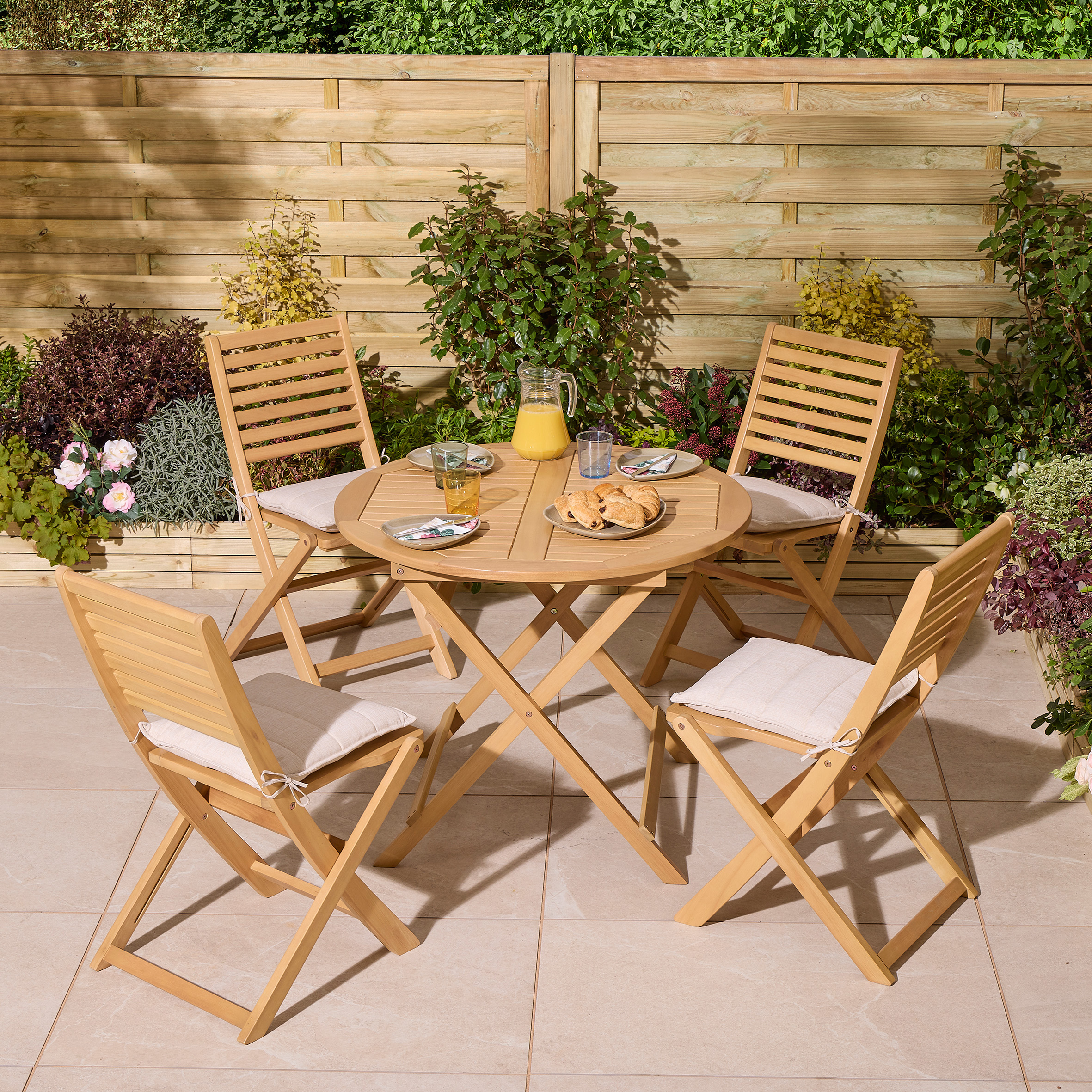 OXRYN Garden 4 Seater Round Table and Chair Set - Oak Finish