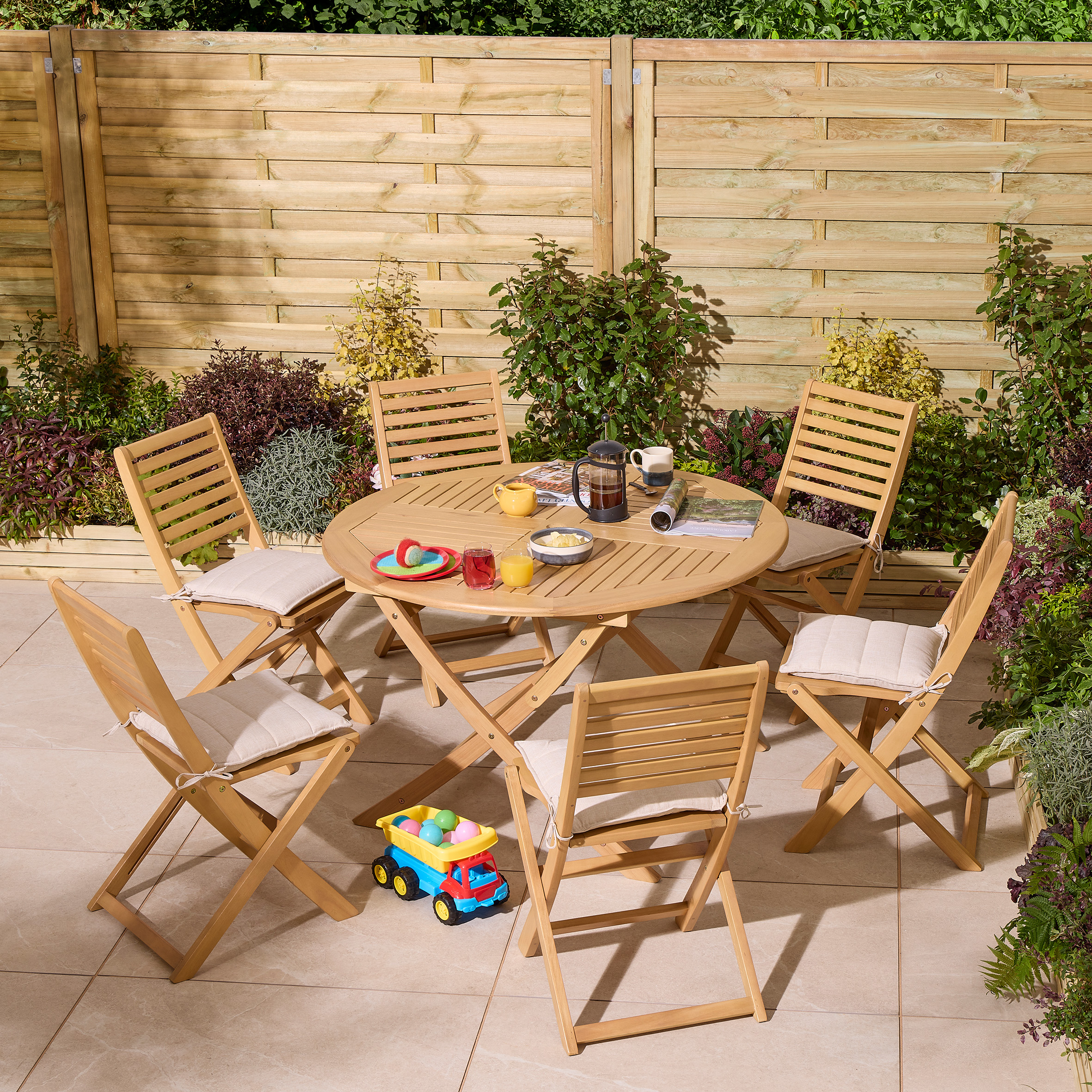 OXRYN Garden 6 Seater Round Table and Chair Set - Oak Finish
