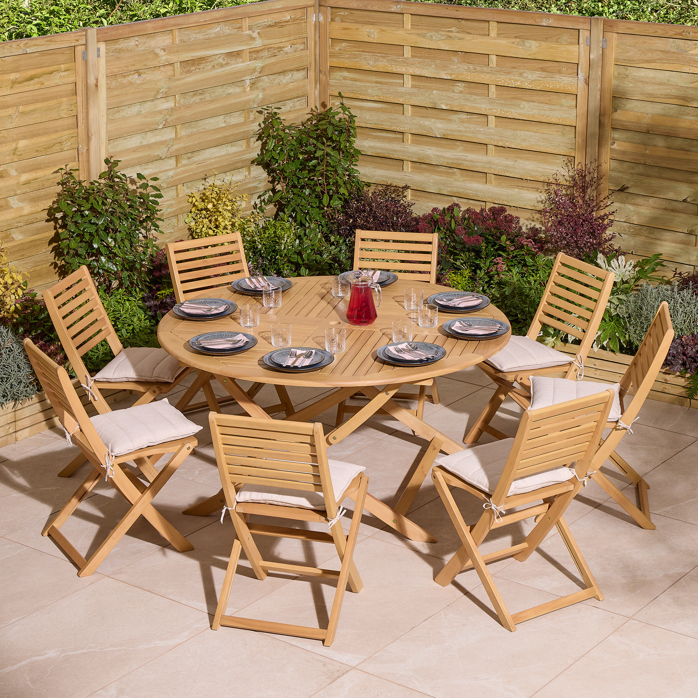 OXRYN Garden 8 Seater Round Table and Chair Set - Oak Finish
