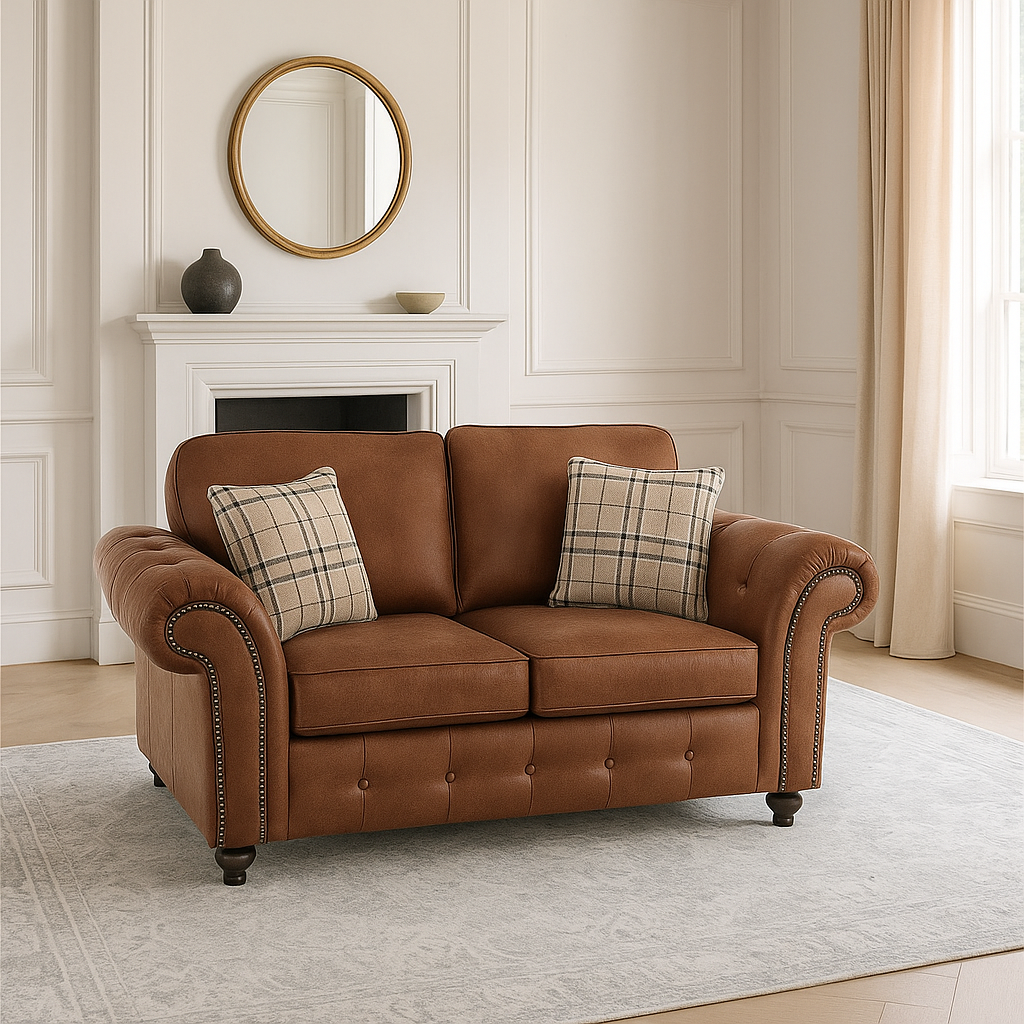 DENNIS Faux Leather 2 Seater Fullback Sofa - Brown