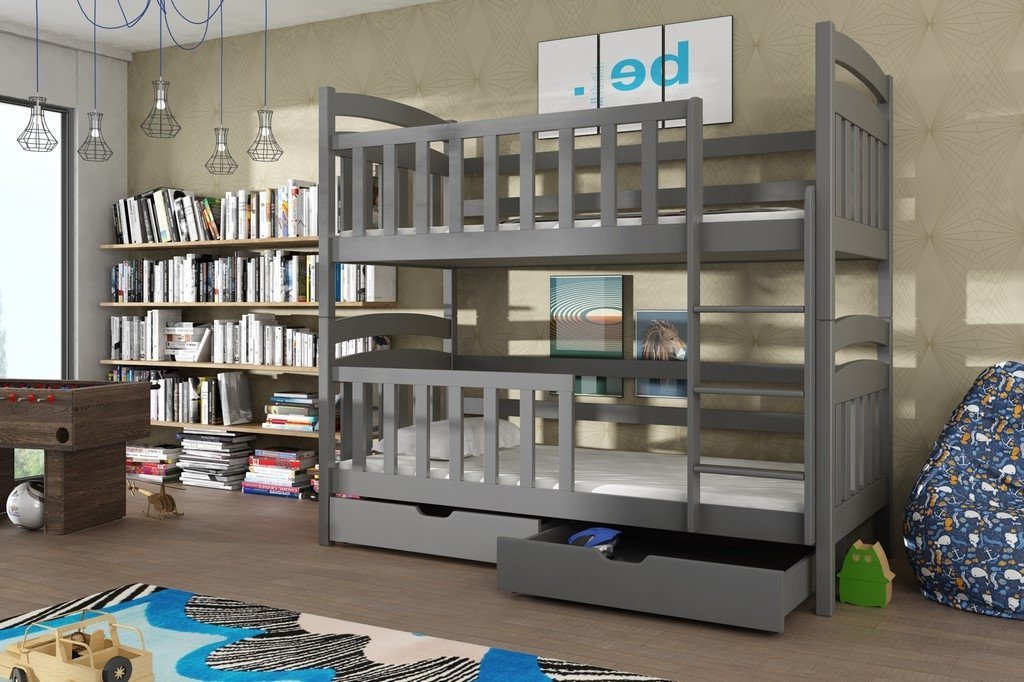 SERENA Wooden Bunk Bed with Storage and Foam Mattress - Graphite