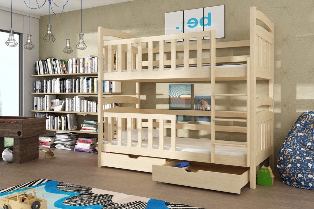 SERENA Wooden Bunk Bed with Storage and Foam Mattress - Pine