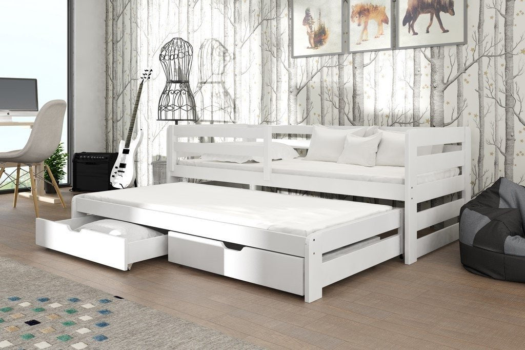ERIN Wooden 2 Drawers Storage Double Bed with Trundle and Foam Mattress - White