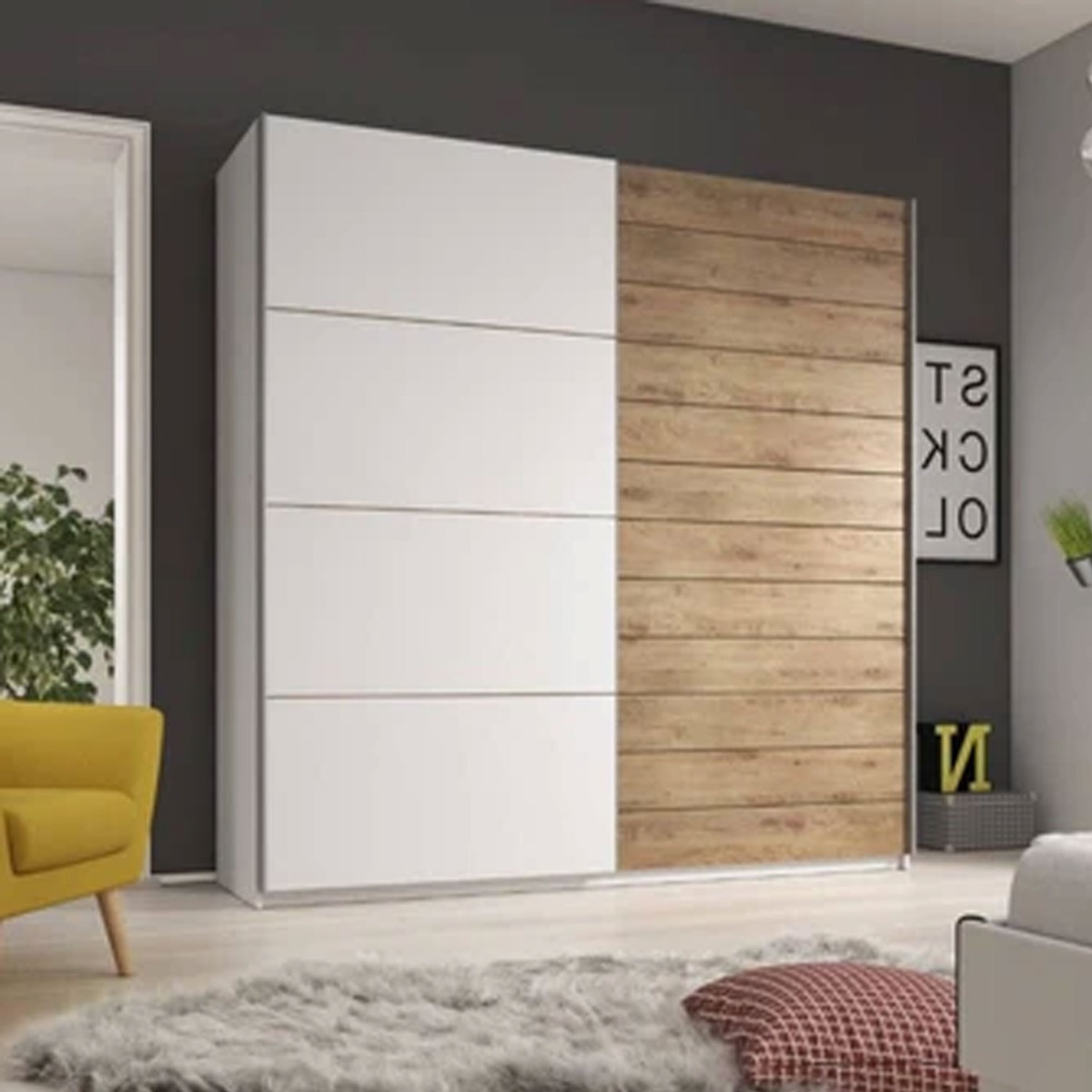 GUCCI 2 Door Sliding Wardrobe White and Oak - 200cm