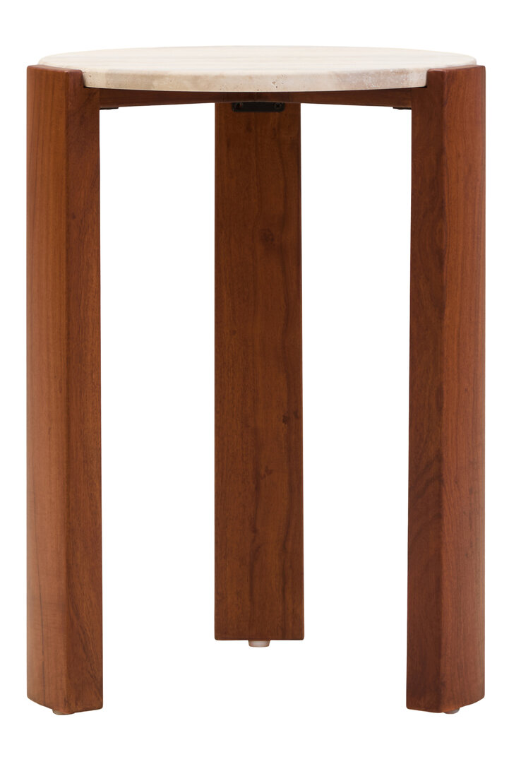 ZERVORA Round Marble Top Wooden Side Table - Dark Oak and Cream