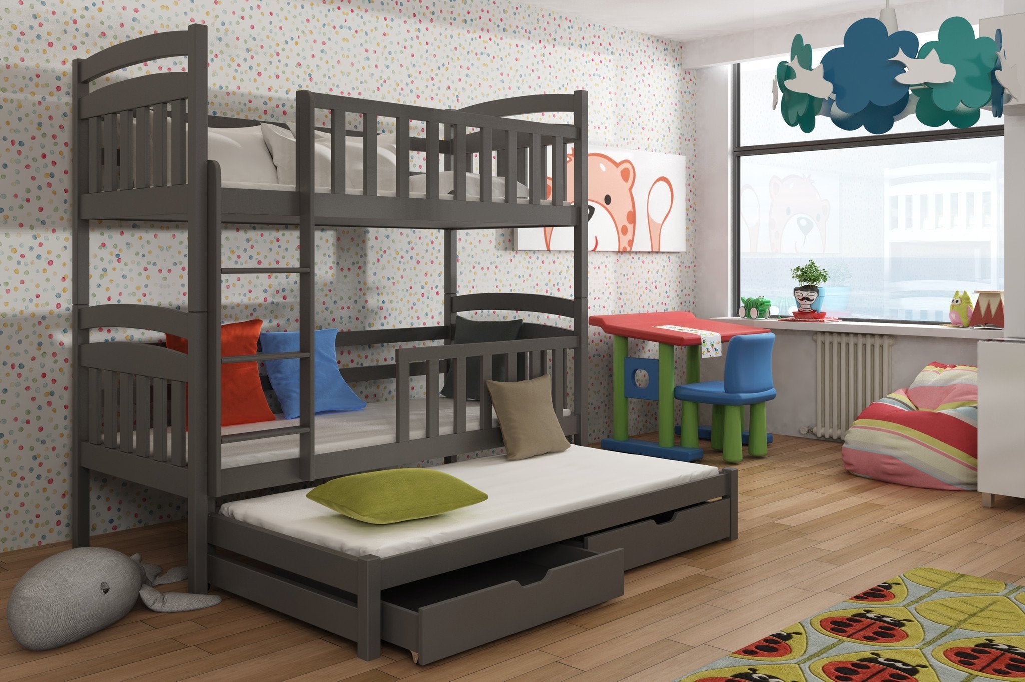 SALLY Wooden 2 Drawers Storage Double Bed with Trundle - Graphite