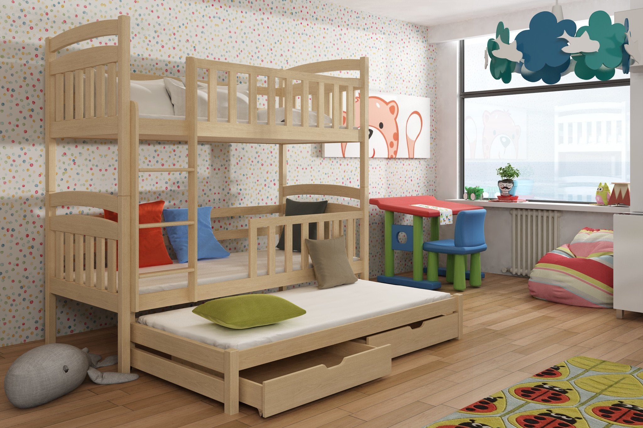 SALLY Wooden 2 Drawers Storage Double Bed with Trundle - Pine