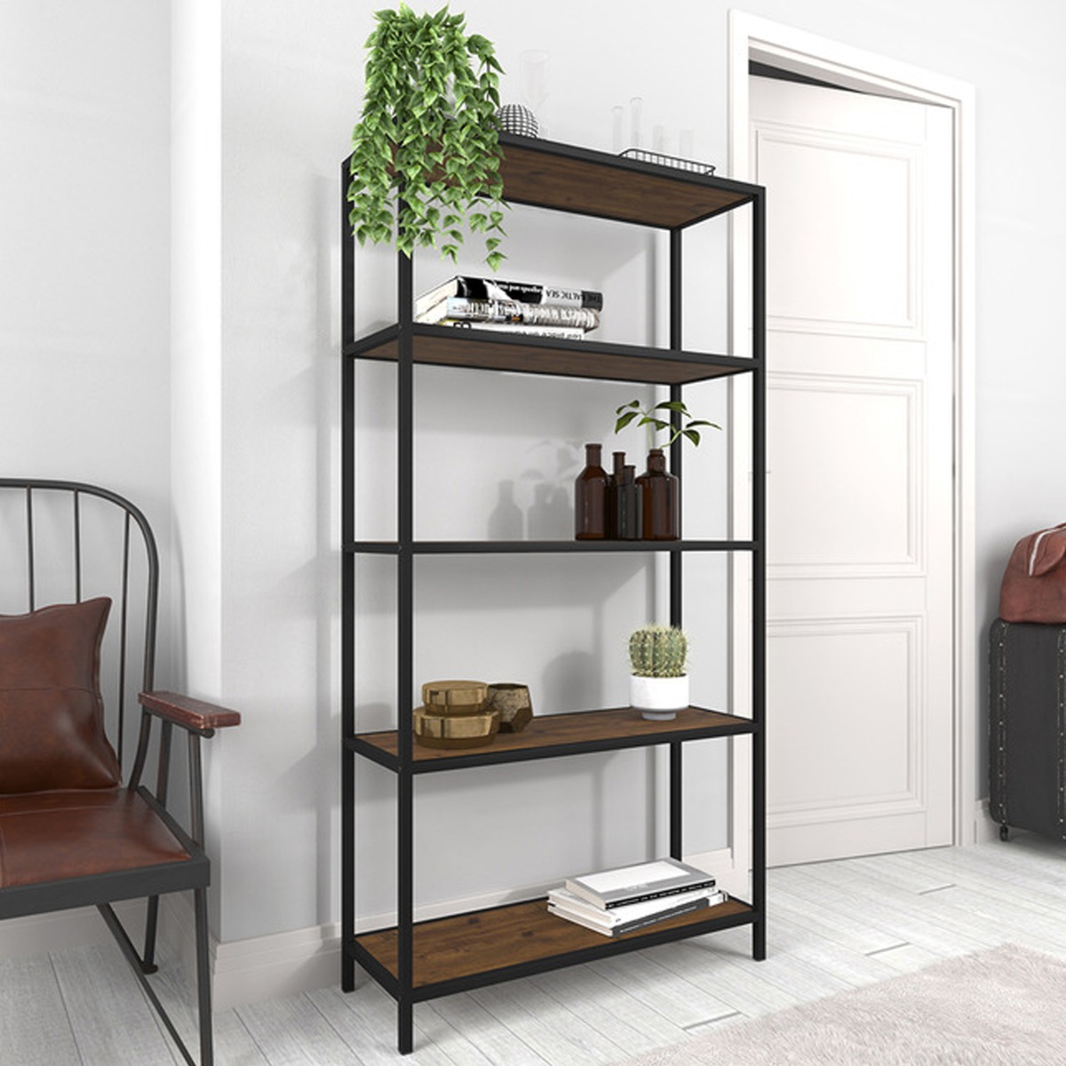Ealing Black Metal With Rustic Wood Effect Bookcase - Vintage Pine