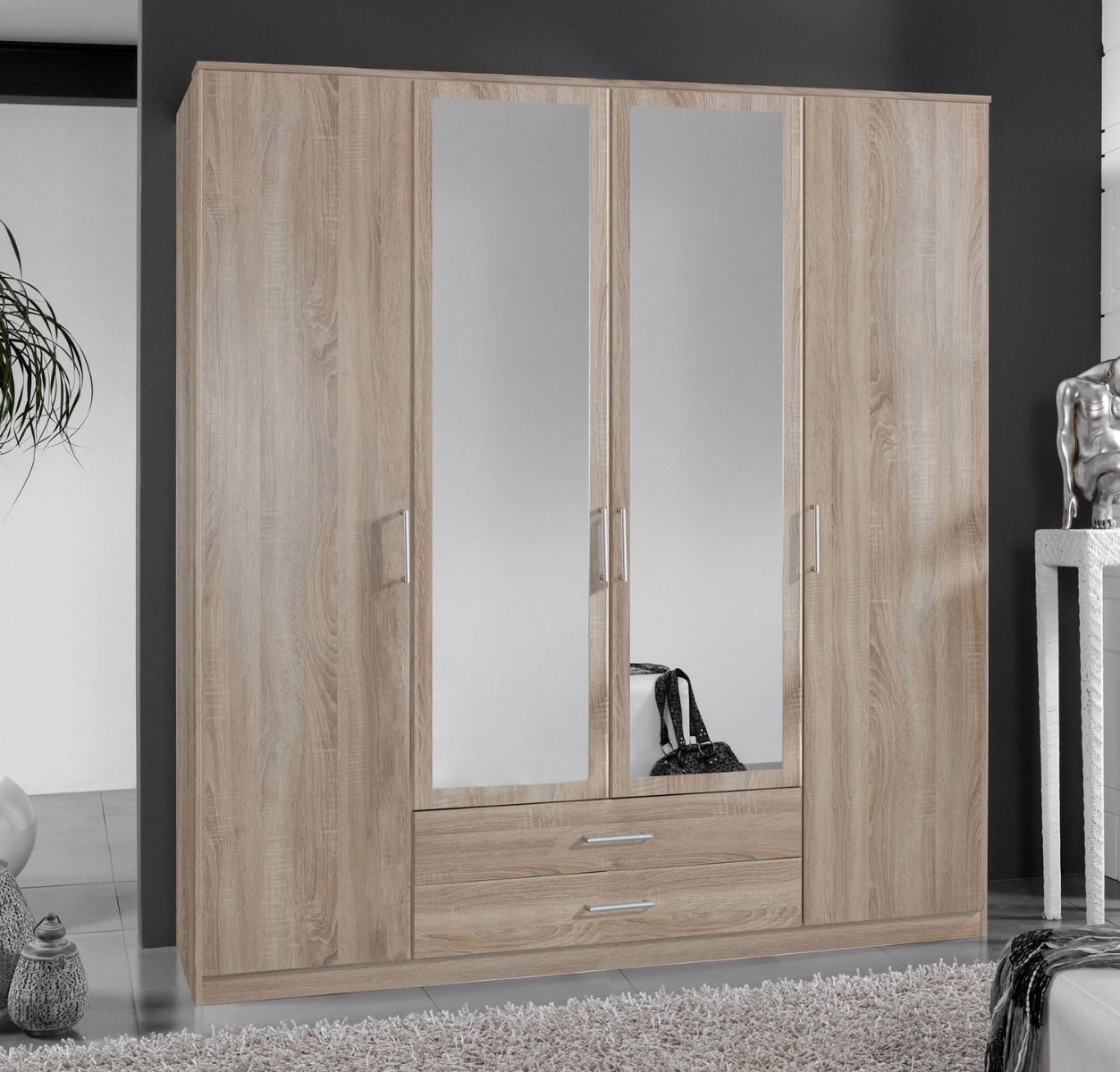 OKHRA 4 Door Mirrored Wardrobe with 2 Drawers Oak - 180cm