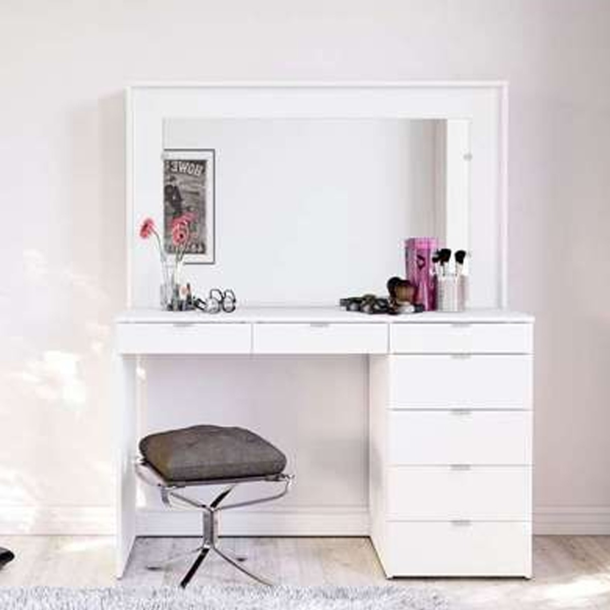 Dressing Table - FAYE 7 Drawer Dresser White 120cm
