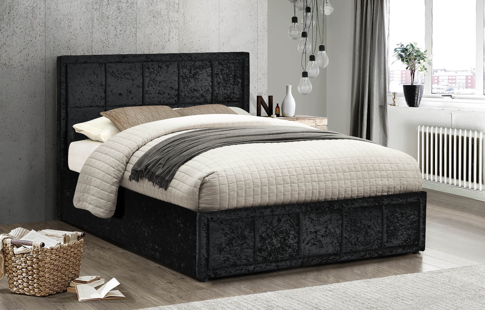 Birlea Hannover Black Crushed Velvet Ottoman Storage Bed - Double 4ft6