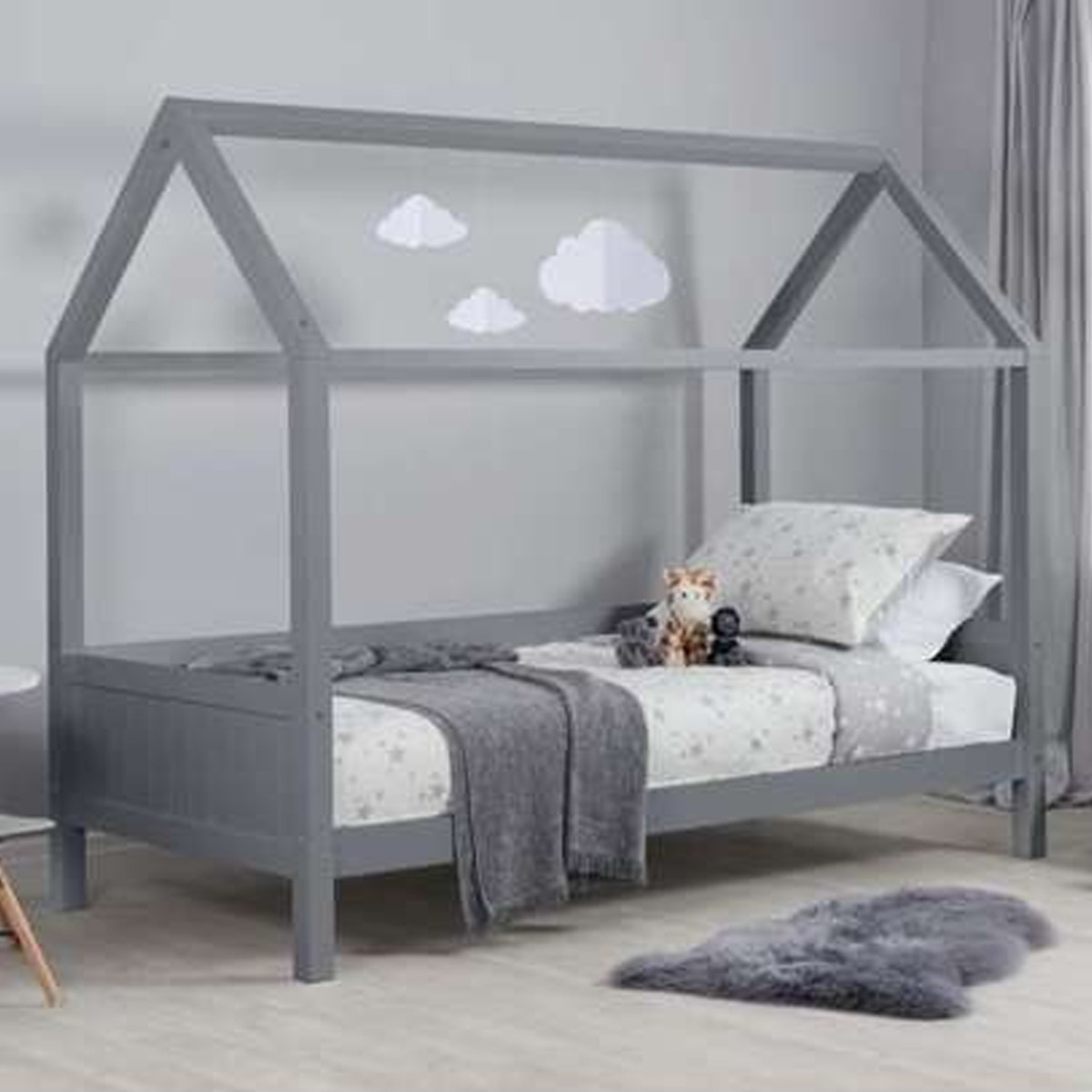 Wooden Solid Slatted Base Kids Single Bed - Grey