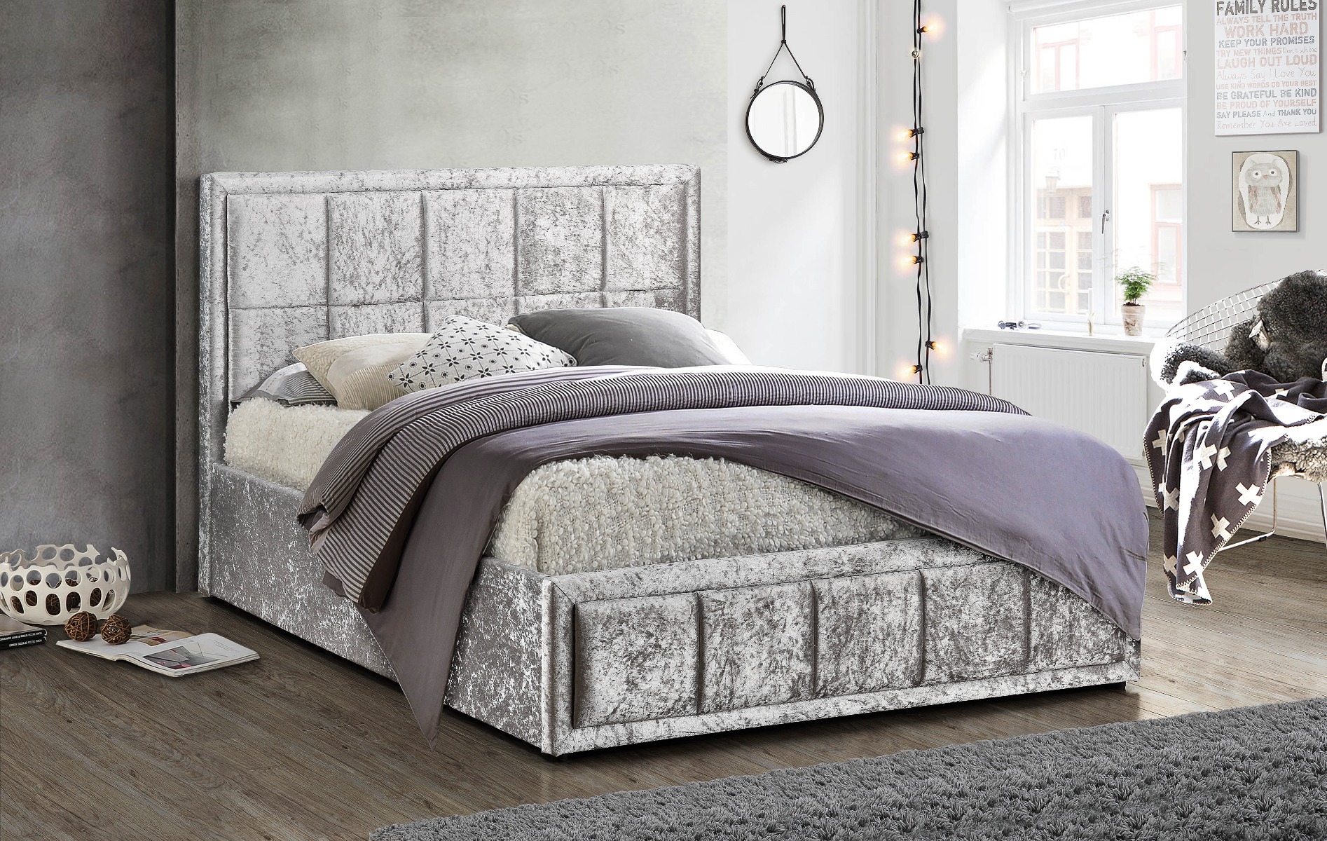 Birlea Hannover Steel Crushed Velvet Ottoman Storage Bed - Double 4ft6