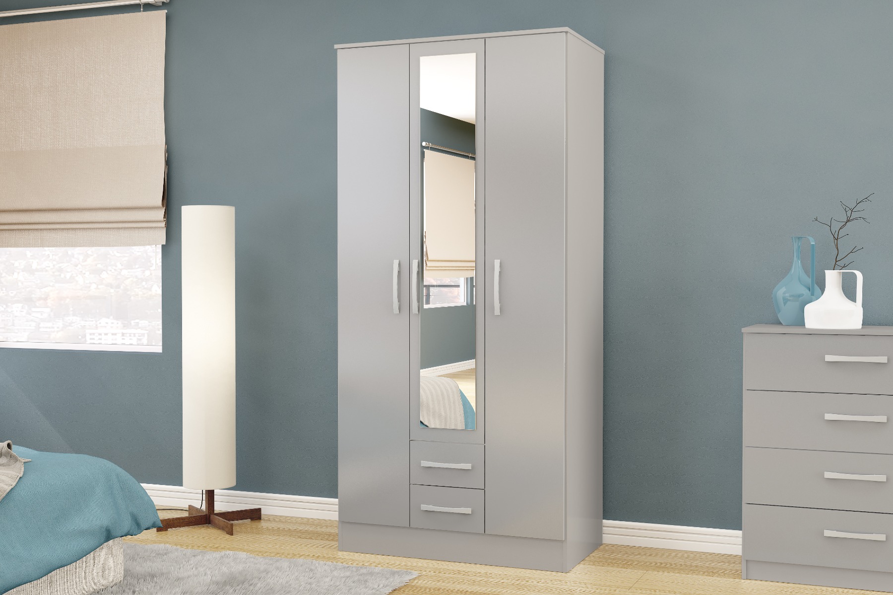 LYTHAM 3 Door Mirrored Wardrobe with 2 Drawers Grey - 93.1cm