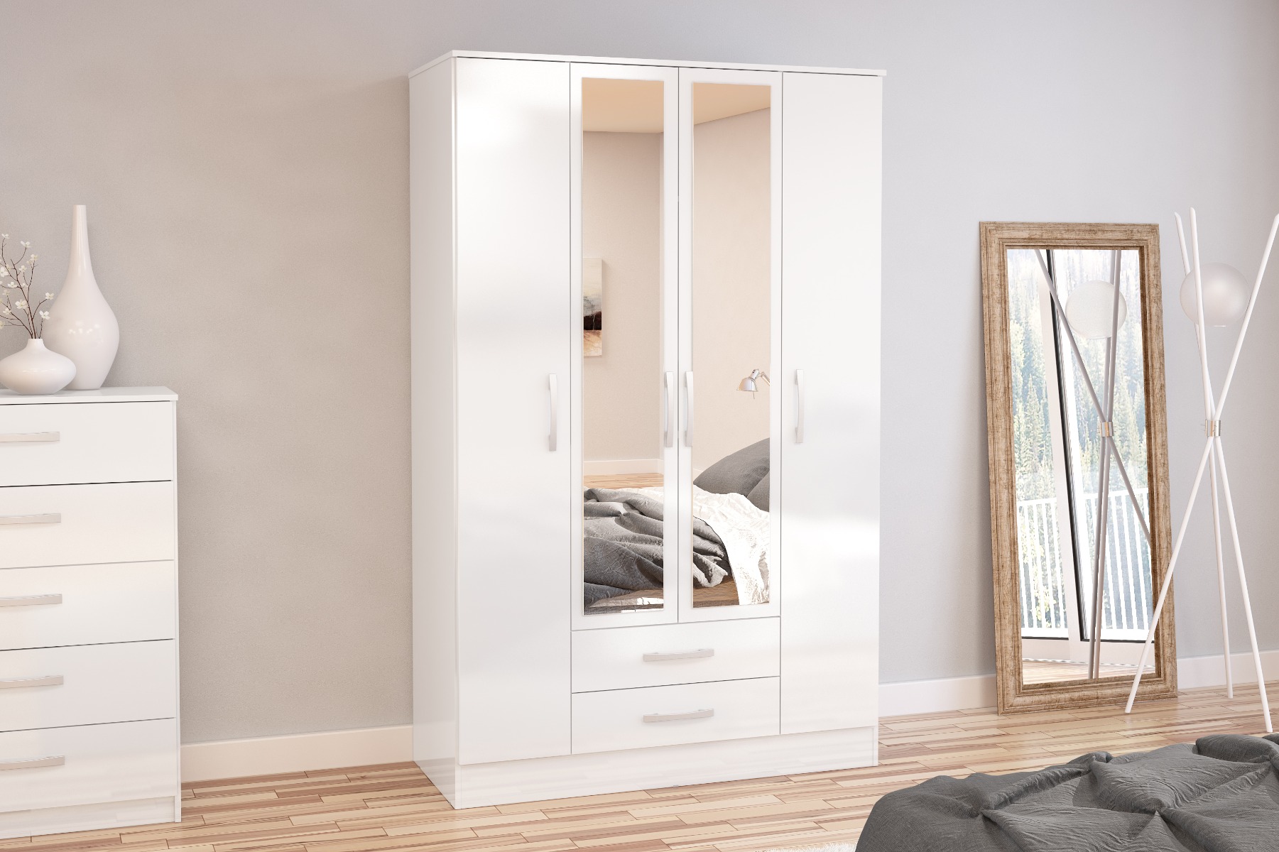 LYTHAM 4 Door Mirrored Wardrobe with 2 Drawers White - 123.4cm