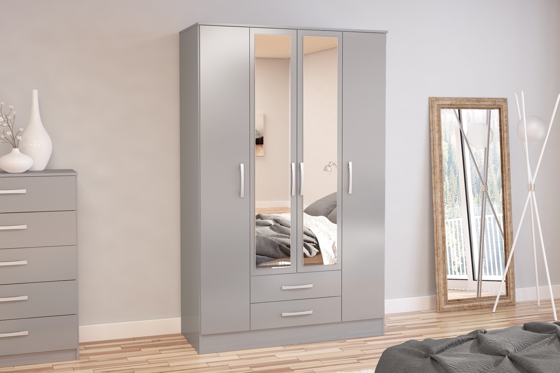 LYTHAM 4 Door Mirrored Wardrobe with 2 Drawers Grey - 123.4cm