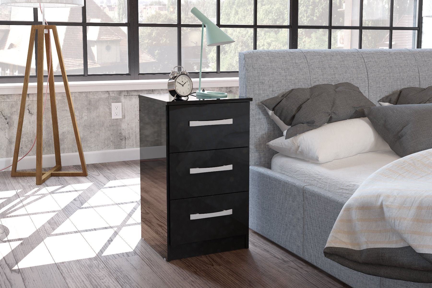 Bedside Table - LYNX 3 Drawer Nightstand Black 40cm