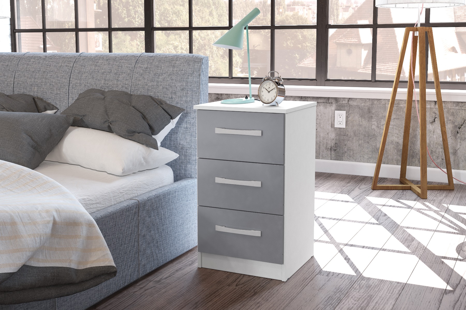 Bedside Table - LYNX 3 Drawer Nightstand White and Grey 40cm