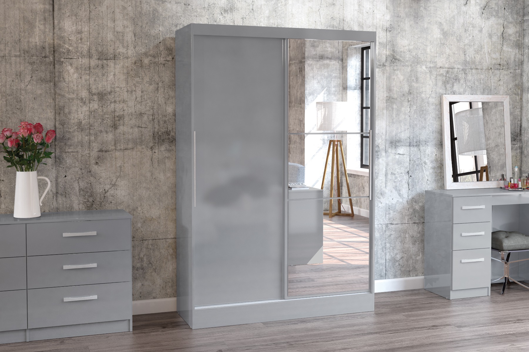 LYTHAM 2 Door Mirrored Sliding Wardrobe Grey - 132cm