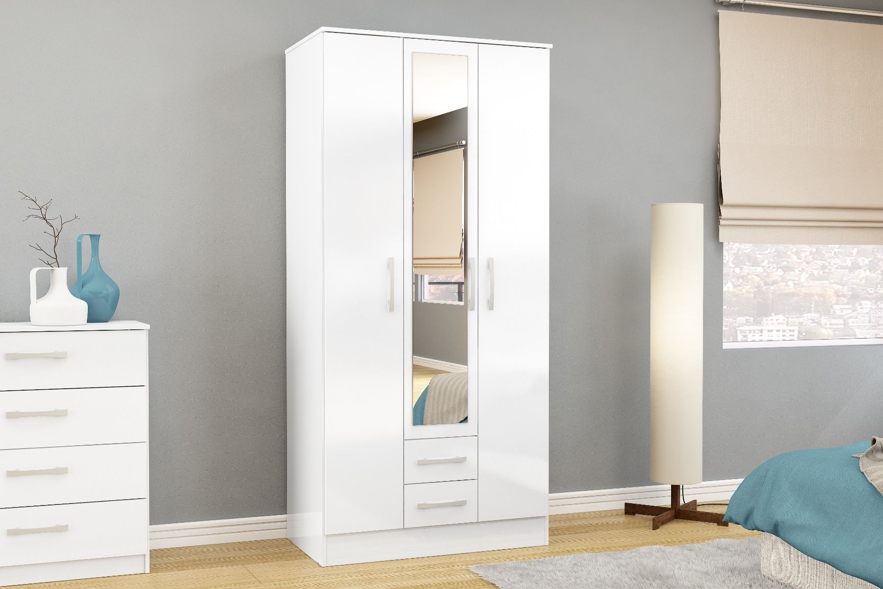 LYTHAM 3 Door Mirrored Wardrobe with 2 Drawers White - 93.1cm