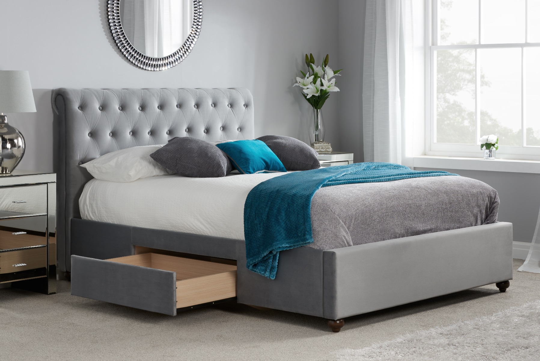 Birlea Marlow Grey Velvet Fabric 2-Drawer Bed Frame - Super Kingsize 6ft