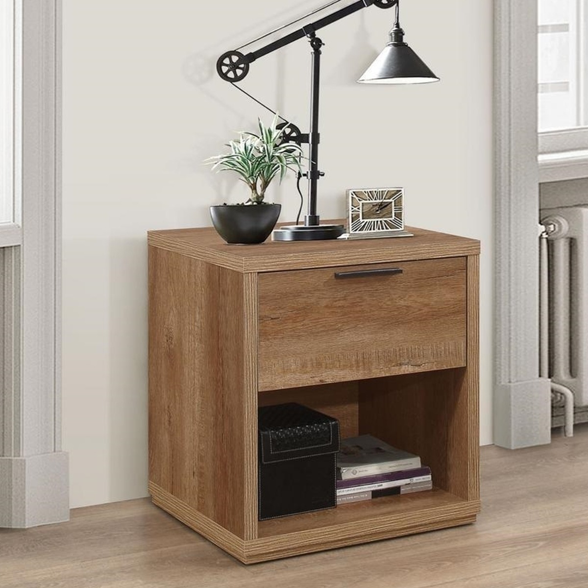 Bedside Table - BIRLEA 1 Drawer Nightstand Rustic Oak 48cm