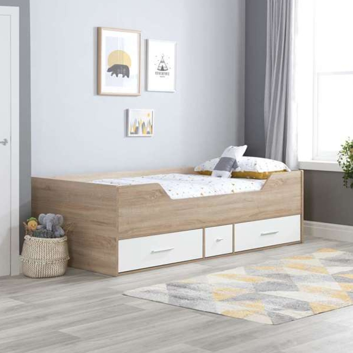 3 Spacious Drawers Camden Cabin Single Bed - White with Oak Effect