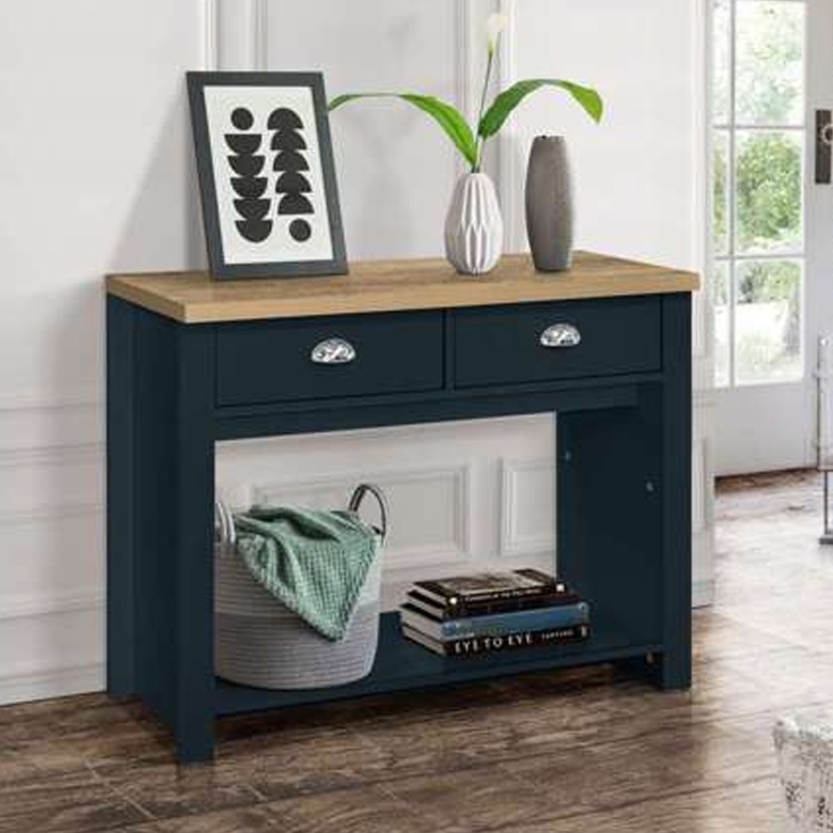 Modern Design Oak Top 2 Drawers Console Table - Navy Blue