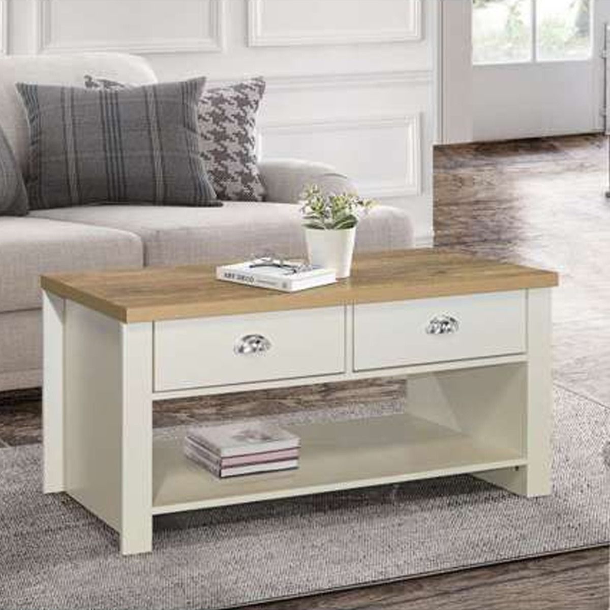 Modern Design Oak Top 2 Drawers Coffee Table - Cream