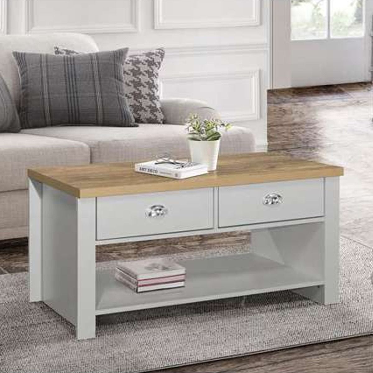 Modern Design Oak Top 2 Drawers Coffee Table - Grey