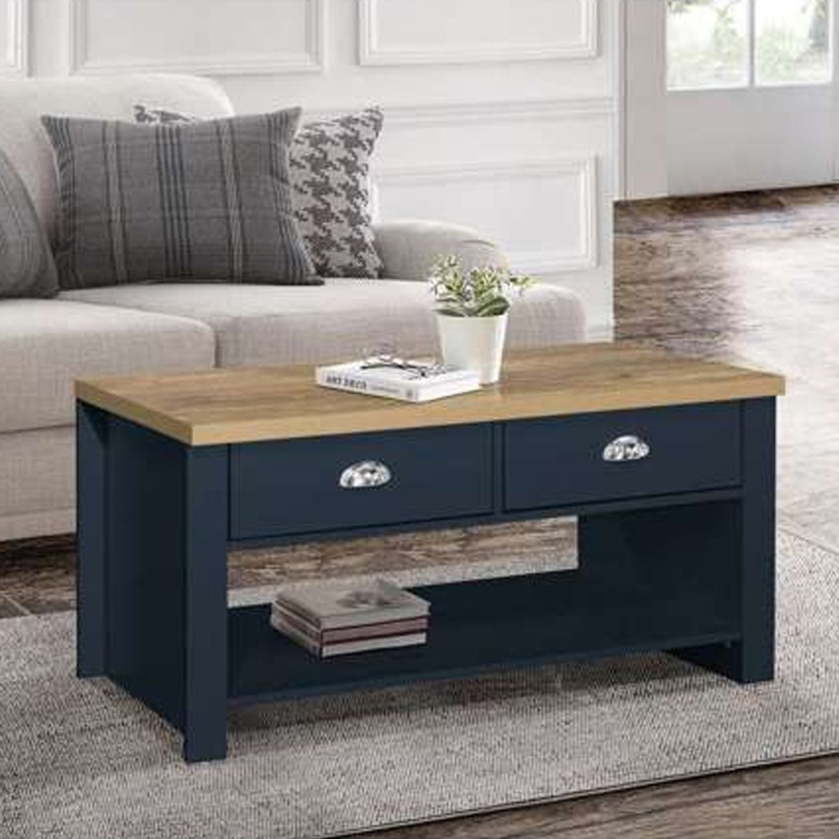 Modern Design Oak Top 2 Drawers Coffee Table - Navy Blue