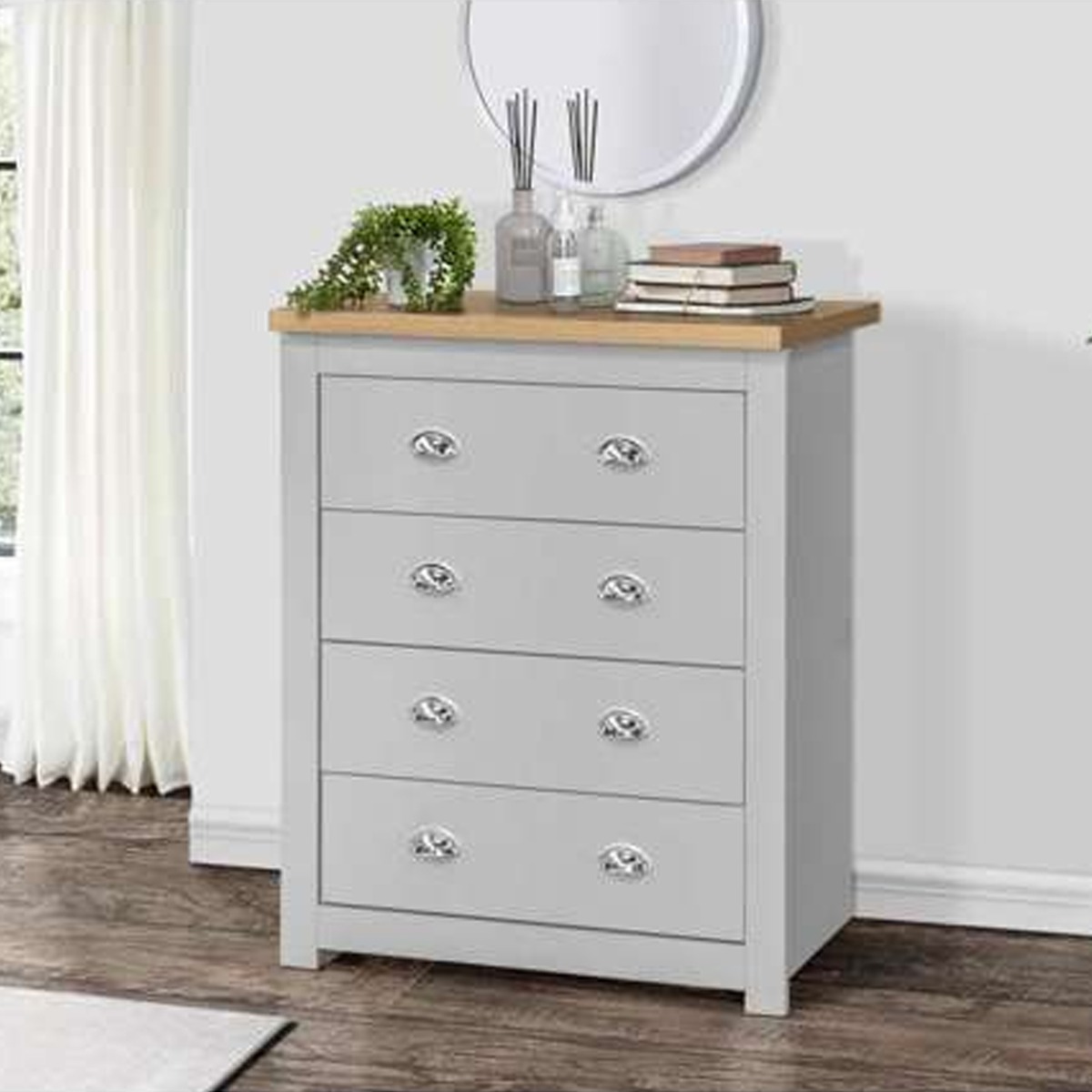Bedside Table - CROMER 4 Drawer Nightstand Grey and Oak 79cm