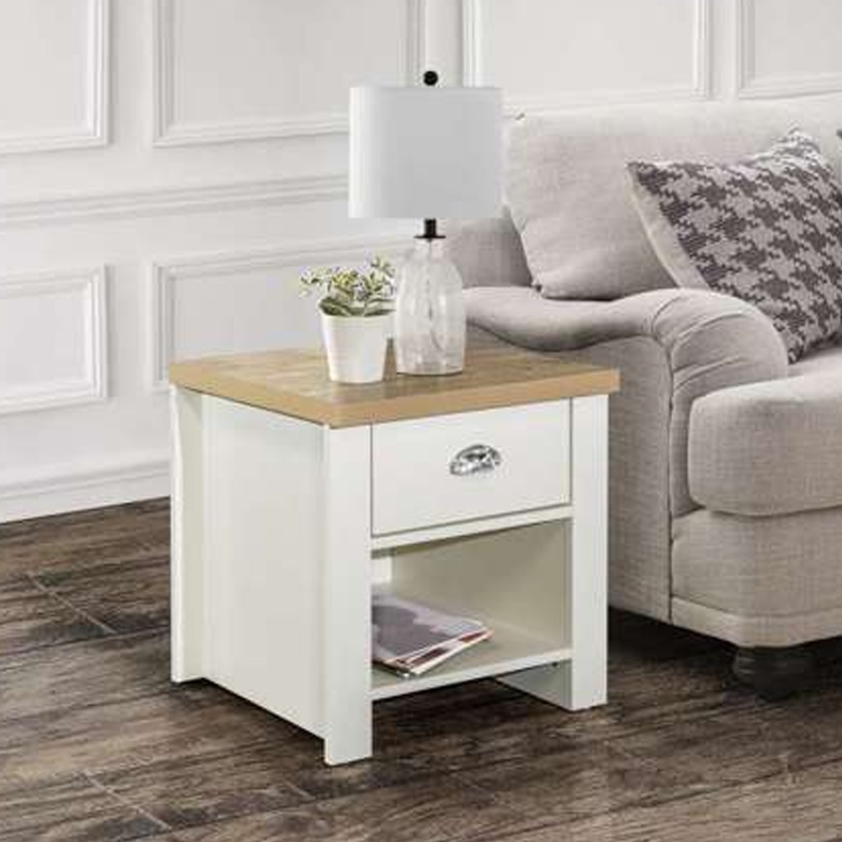 Bedside Table - CONTEMPORARY Nightstand Cream and Oak 44.6cm