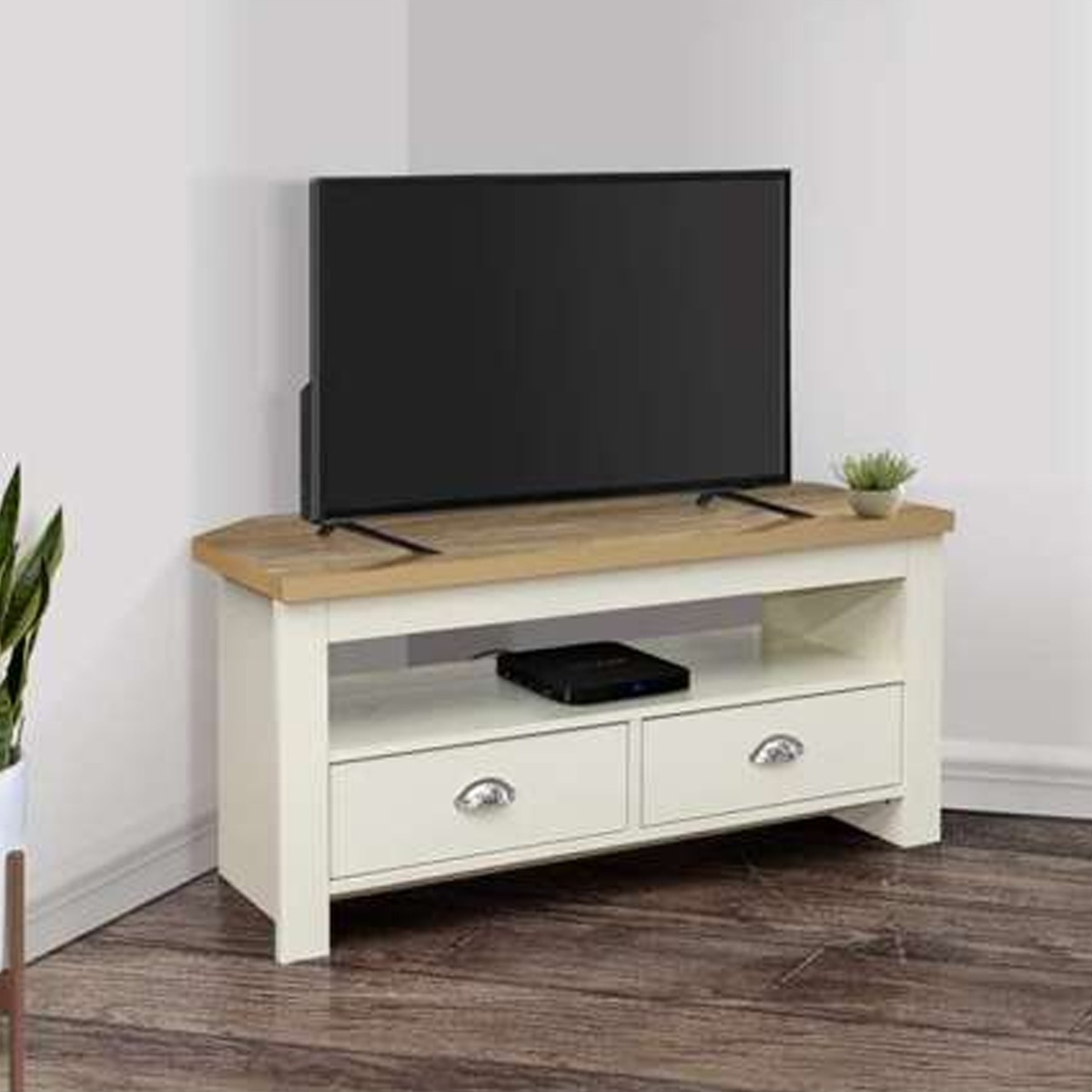 Modern Design Oak Top 2 Drawers Corner Tv Table - Cream