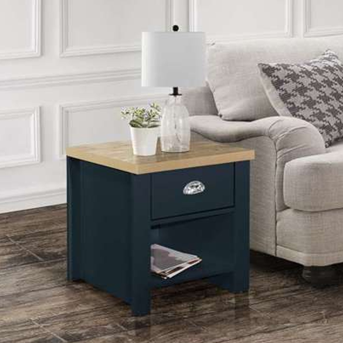 Bedside Table - CONTEMPORARY Nightstand Navy Blue and Oak 44.6cm