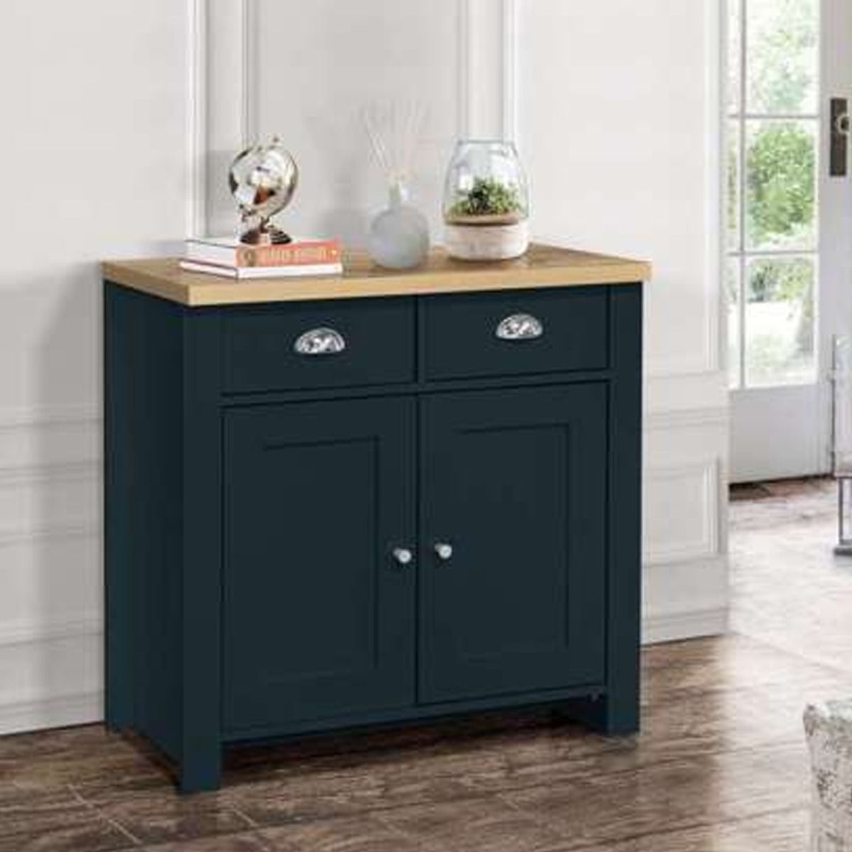 Contemporary Style Oak Top 2 Door Sideboard with 2 Drawers - Navy Blue