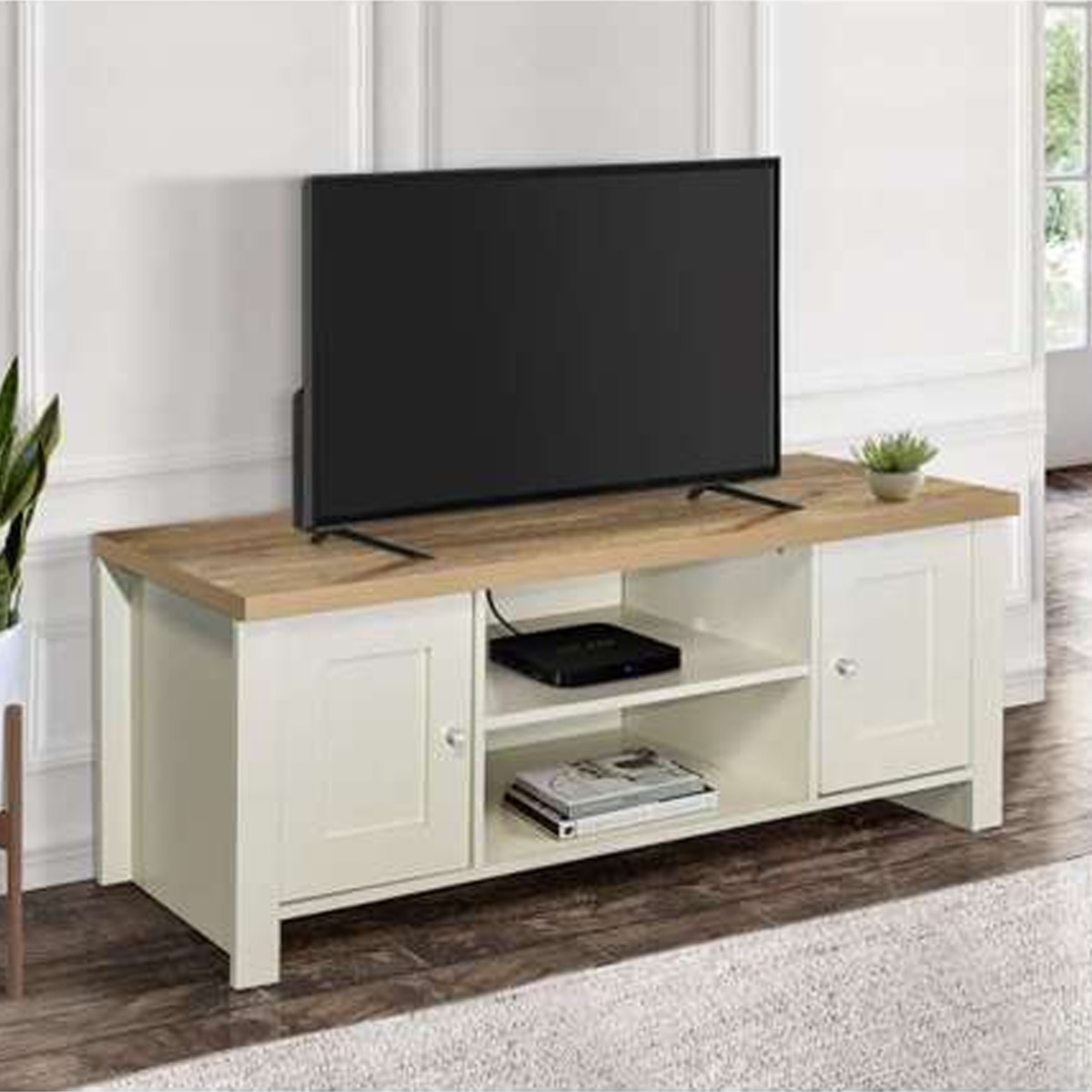 Modern Design Oak Top 2 Drawers Corner Large Tv Table - Cream