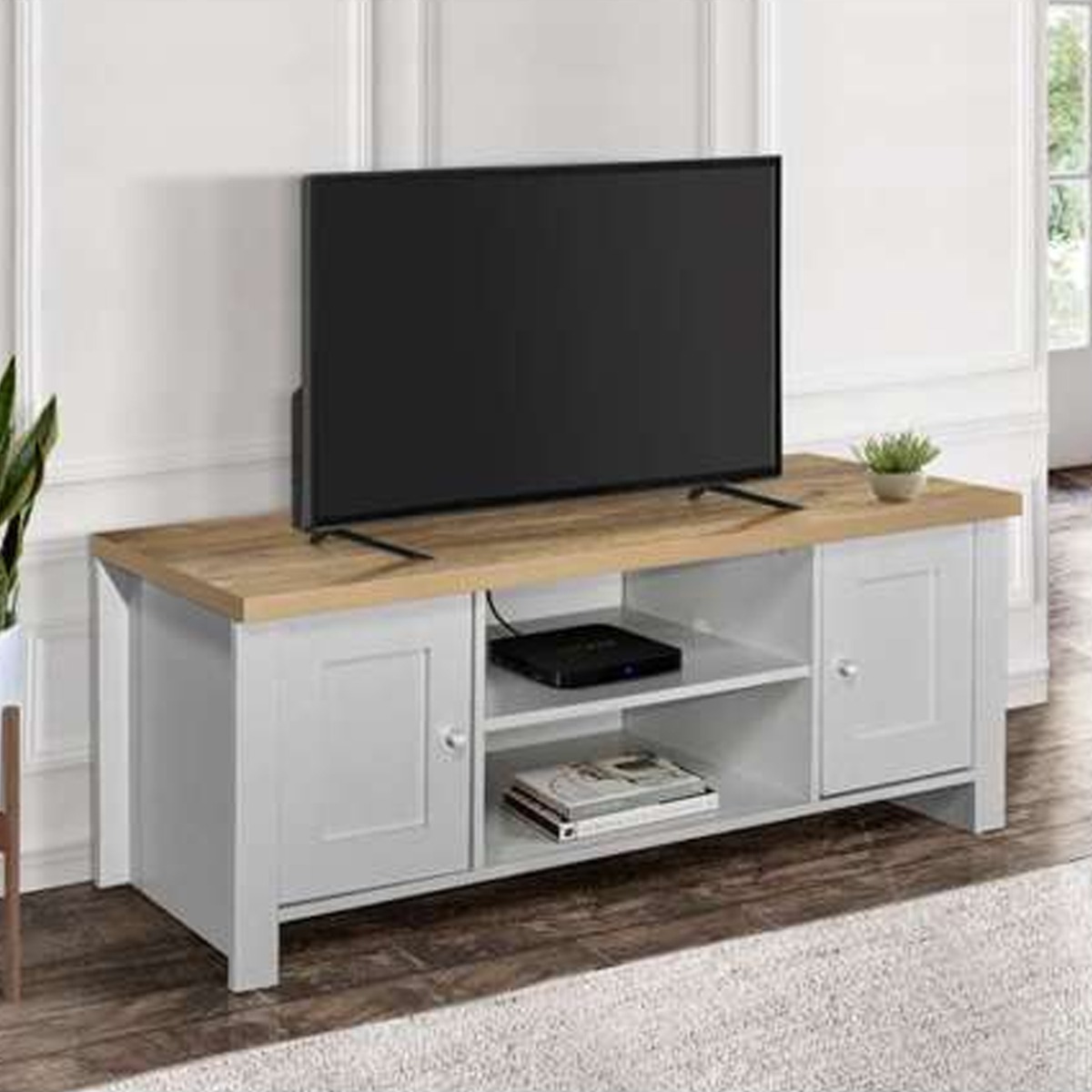 Modern Design Oak Top 2 Drawers Corner Large Tv Table - Grey
