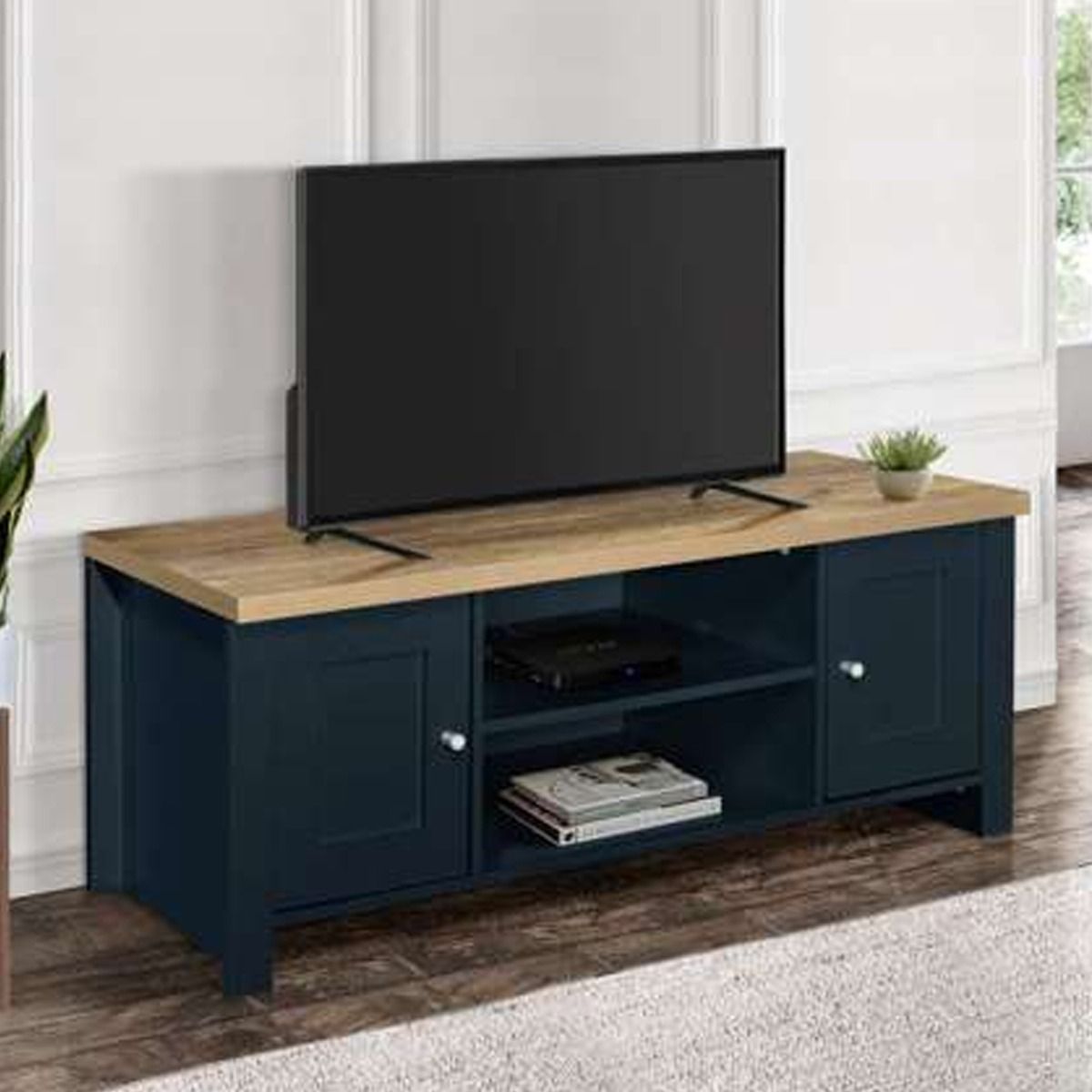 Modern Design Oak Top 2 Drawers Corner Large Tv Table - Navy Blue